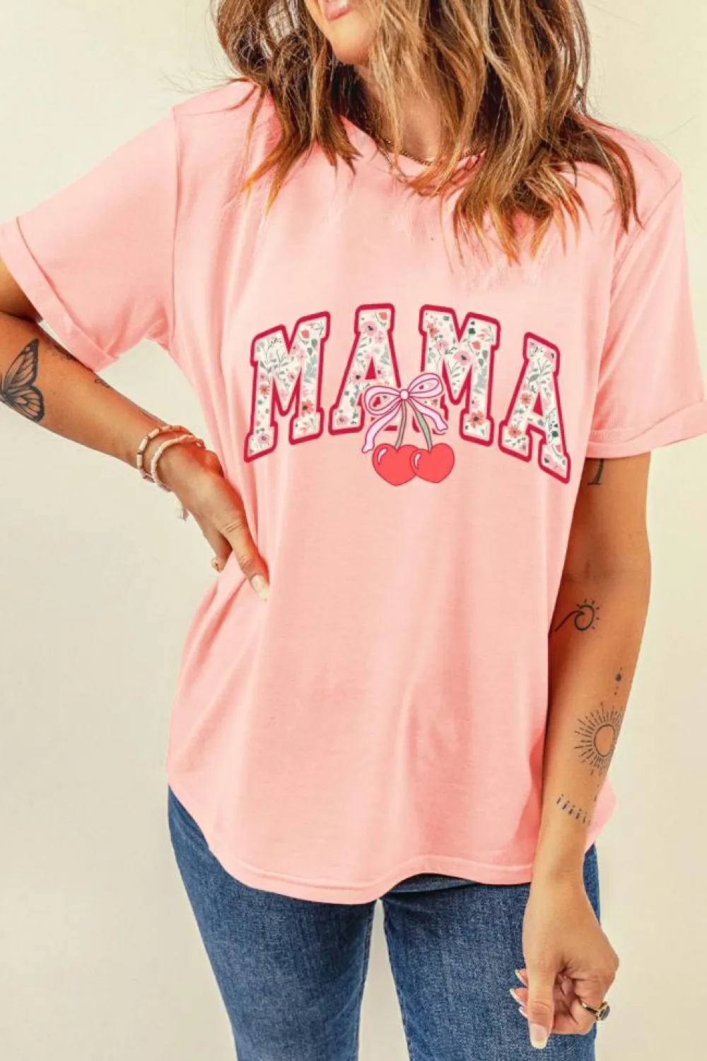 Sale Dear-Lover Floral MAMA Cherry Graphic Crewneck T Shirt Pink