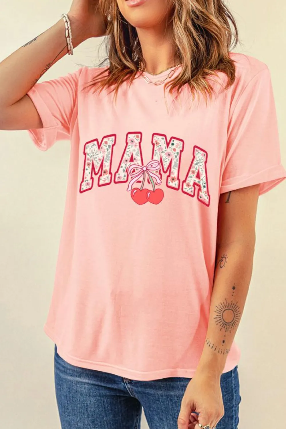 Sale Dear-Lover Floral MAMA Cherry Graphic Crewneck T Shirt Pink