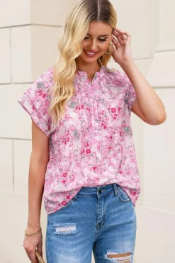 Outlet Dear-Lover Floral Mandarin Collar Top Pink