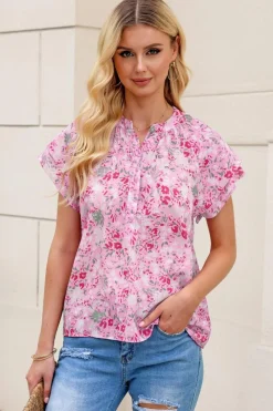 Outlet Dear-Lover Floral Mandarin Collar Top Pink