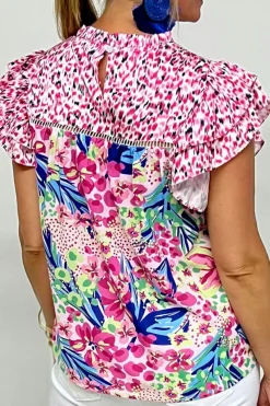 Online Dear-Lover Floral Mixed Print Ruffle Cap Sleeve Blouse Pink