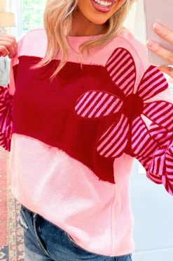 Outlet Dear-Lover Floral Patch Color Block Striped Sleeve Textured Top Pink