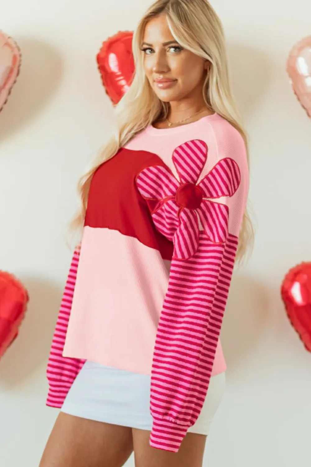 Outlet Dear-Lover Floral Patch Color Block Striped Sleeve Textured Top Pink