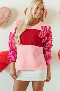 Outlet Dear-Lover Floral Patch Color Block Striped Sleeve Textured Top Pink