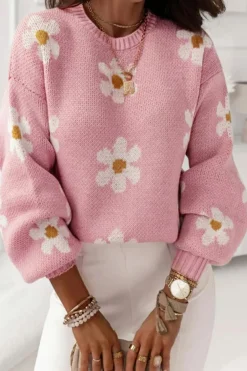 Online Dear-Lover Floral Pattern Drop Shoulder Sweater Pink