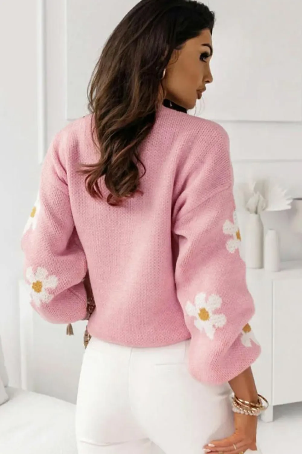 Online Dear-Lover Floral Pattern Drop Shoulder Sweater Pink