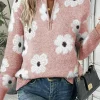 Best Dear-Lover Floral Pattern Half Zip Drop Shoulder Sweater Pink