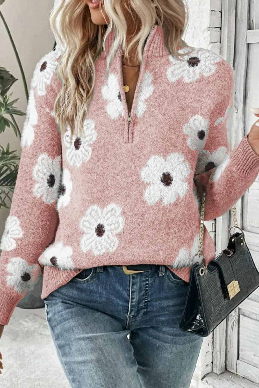 Best Dear-Lover Floral Pattern Half Zip Drop Shoulder Sweater Pink