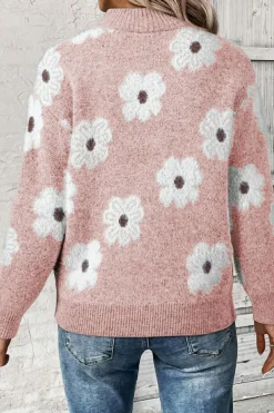 Best Dear-Lover Floral Pattern Half Zip Drop Shoulder Sweater Pink
