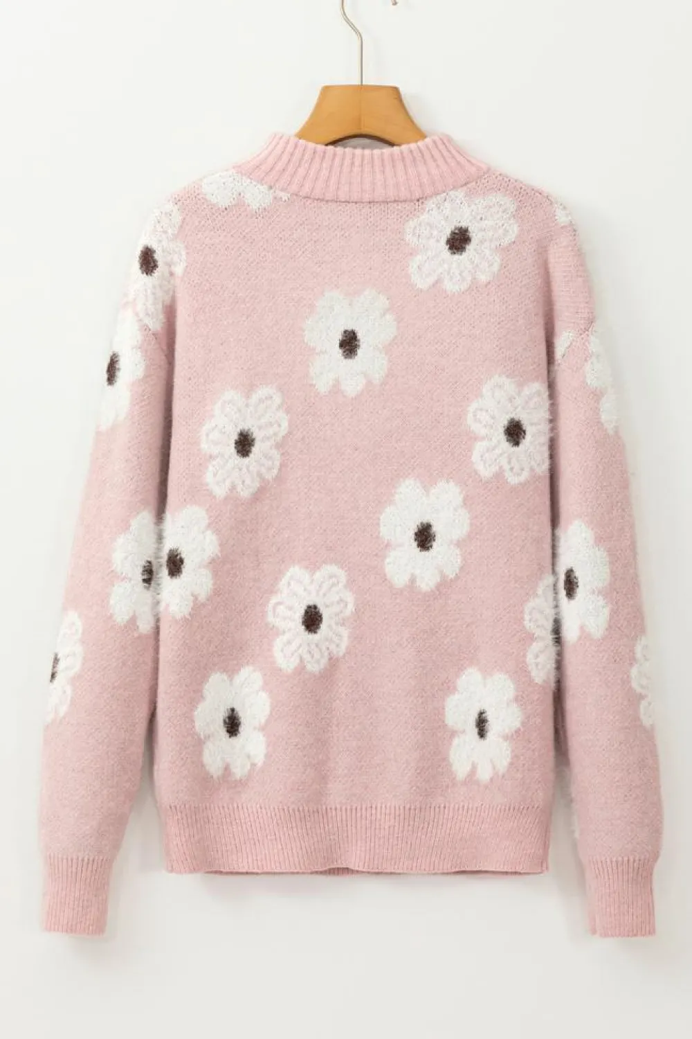 Best Dear-Lover Floral Pattern Half Zip Drop Shoulder Sweater Pink
