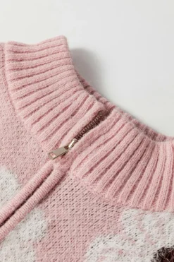 Best Dear-Lover Floral Pattern Half Zip Drop Shoulder Sweater Pink