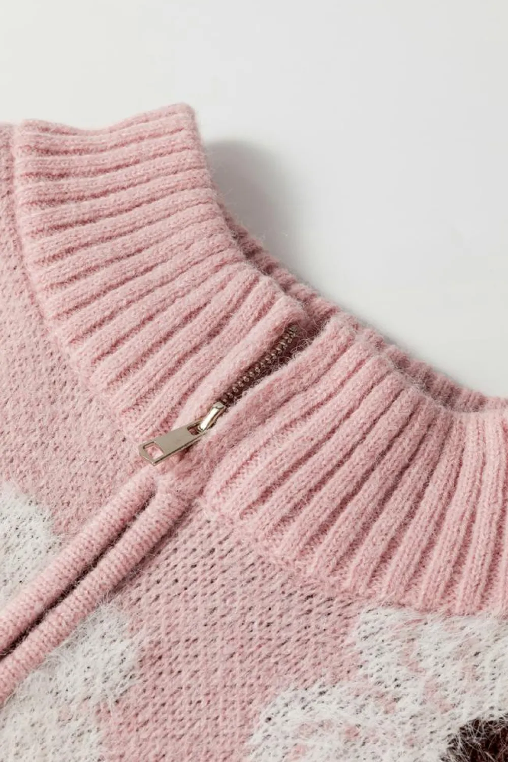 Best Dear-Lover Floral Pattern Half Zip Drop Shoulder Sweater Pink