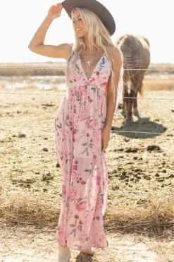 Discount Dear-Lover Floral Pleated Bust Deep V Empire Waist Backless Maxi Dress Pink