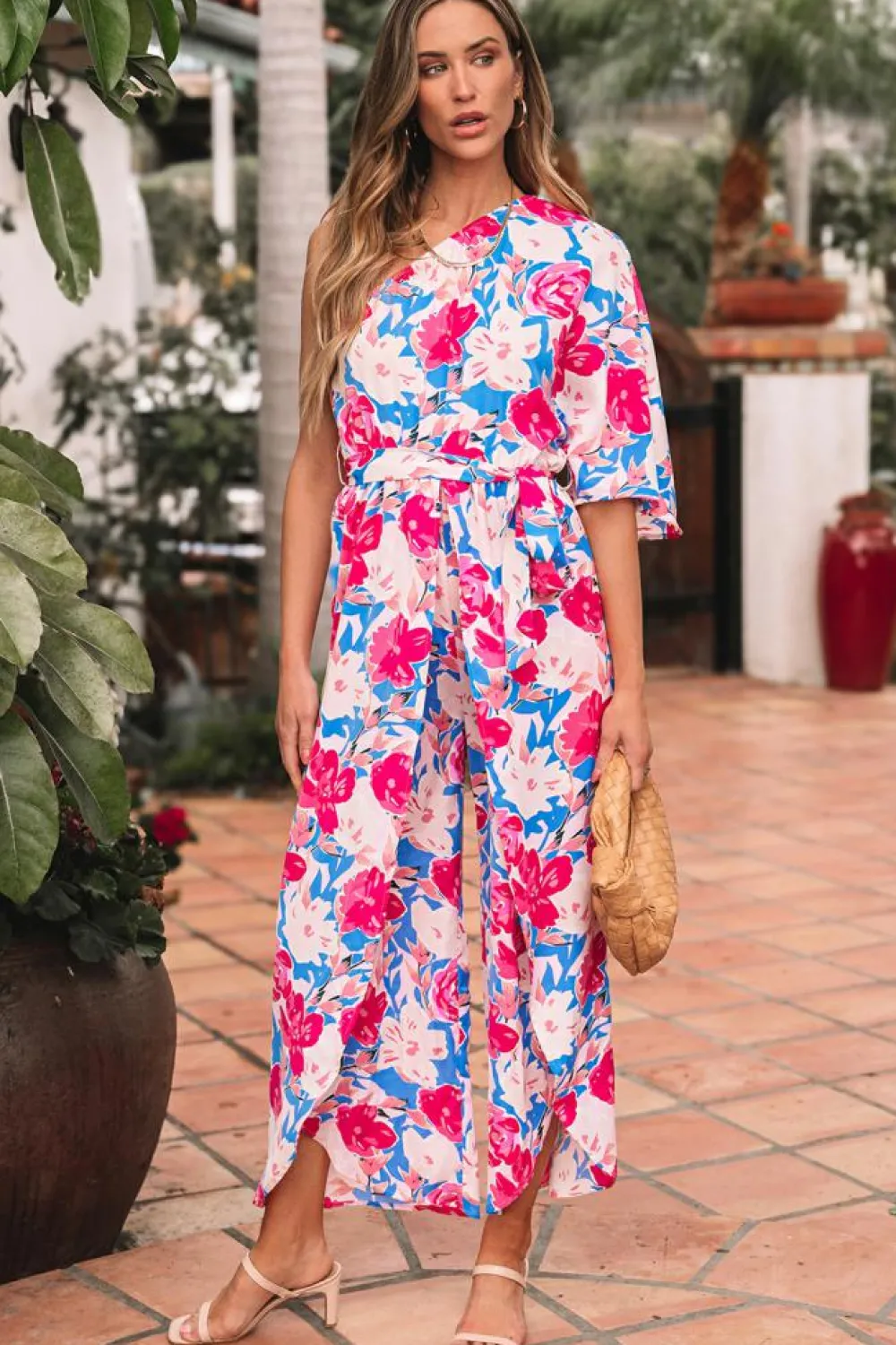 Online Dear-Lover Floral Print Asymmetrical Neckline Single Shoulder Drape Sleeve Belted Jumpsuit Pink
