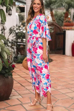 Online Dear-Lover Floral Print Asymmetrical Neckline Single Shoulder Drape Sleeve Belted Jumpsuit Pink