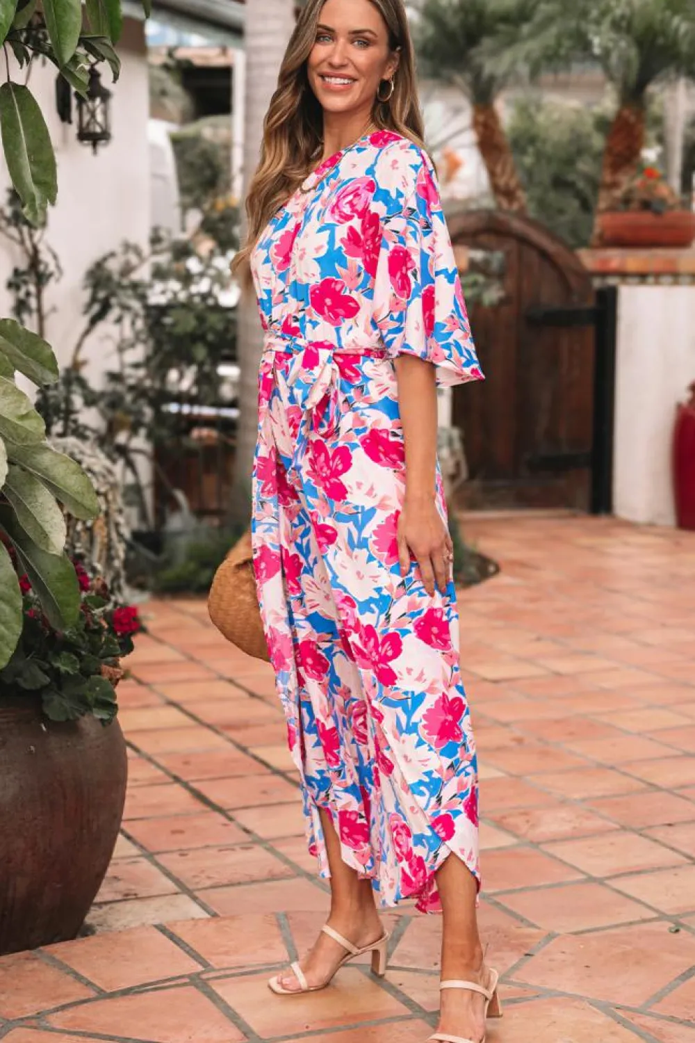 Online Dear-Lover Floral Print Asymmetrical Neckline Single Shoulder Drape Sleeve Belted Jumpsuit Pink