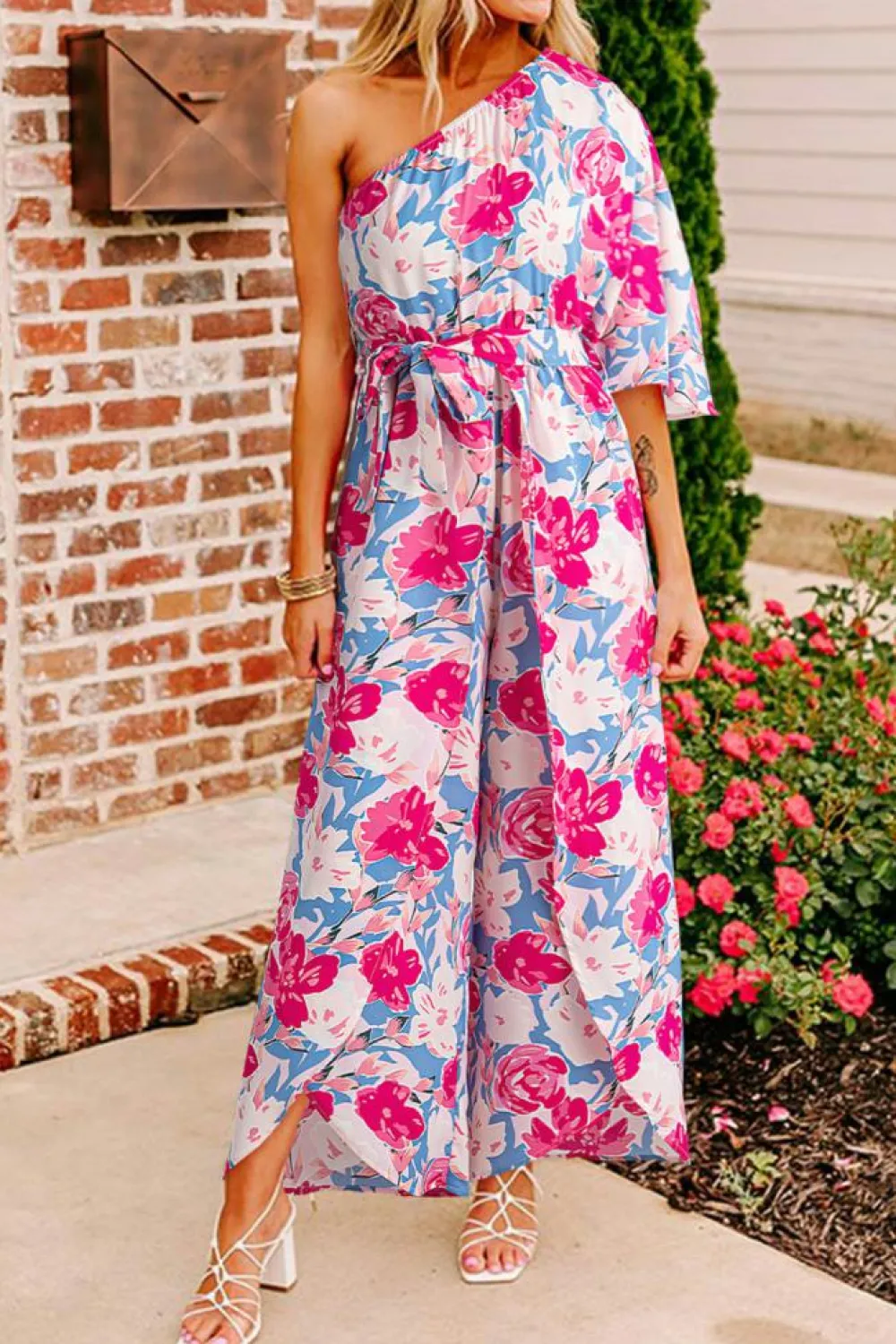 Online Dear-Lover Floral Print Asymmetrical Neckline Single Shoulder Drape Sleeve Belted Jumpsuit Pink