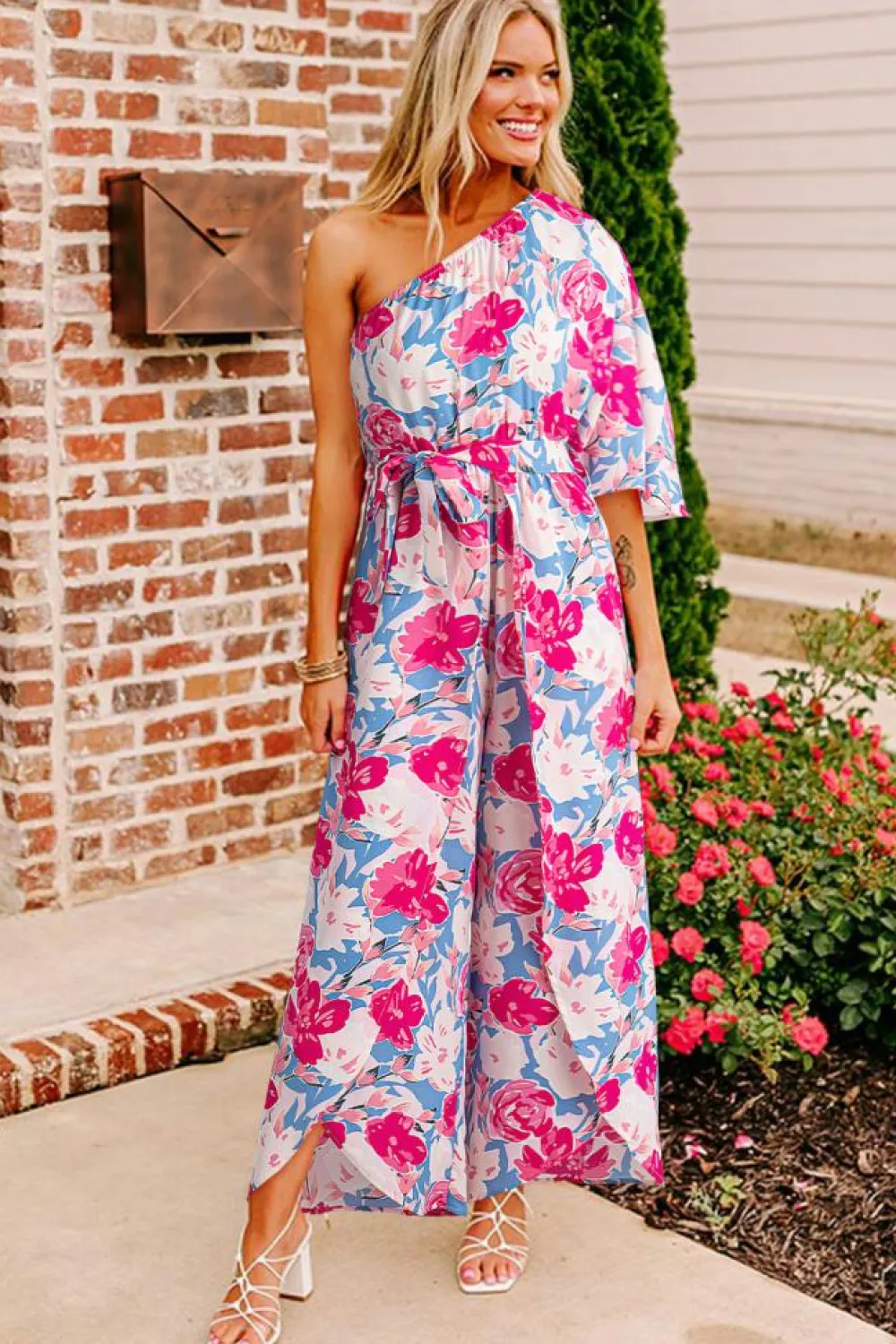Online Dear-Lover Floral Print Asymmetrical Neckline Single Shoulder Drape Sleeve Belted Jumpsuit Pink