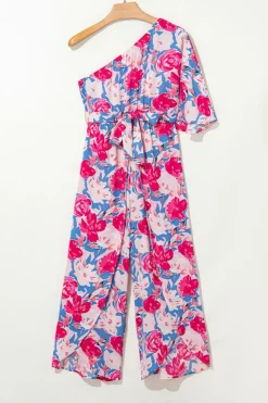 Online Dear-Lover Floral Print Asymmetrical Neckline Single Shoulder Drape Sleeve Belted Jumpsuit Pink