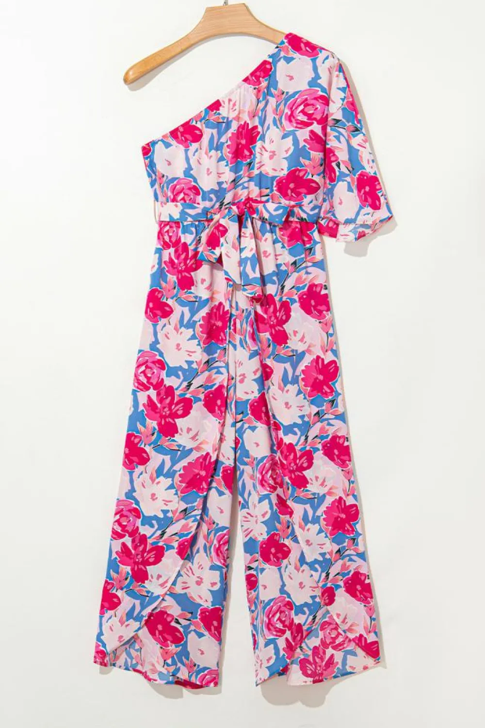 Online Dear-Lover Floral Print Asymmetrical Neckline Single Shoulder Drape Sleeve Belted Jumpsuit Pink