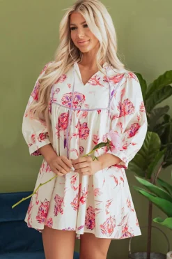 Hot Dear-Lover Floral Print Balloon Sleeve V Neck Babydoll Mini Dress Pink