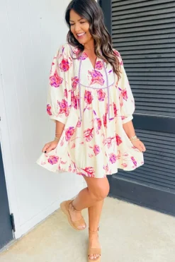 Hot Dear-Lover Floral Print Balloon Sleeve V Neck Babydoll Mini Dress Pink
