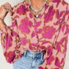 Fashion Dear-Lover Floral Print Batwing Sleeve Buttoned Loose Fit Shirt Pink