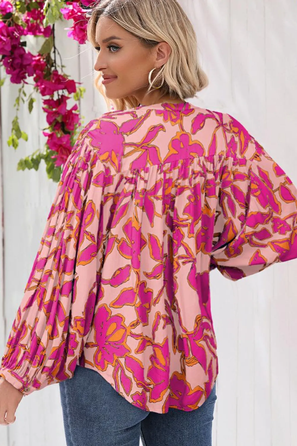 Fashion Dear-Lover Floral Print Batwing Sleeve Buttoned Loose Fit Shirt Pink