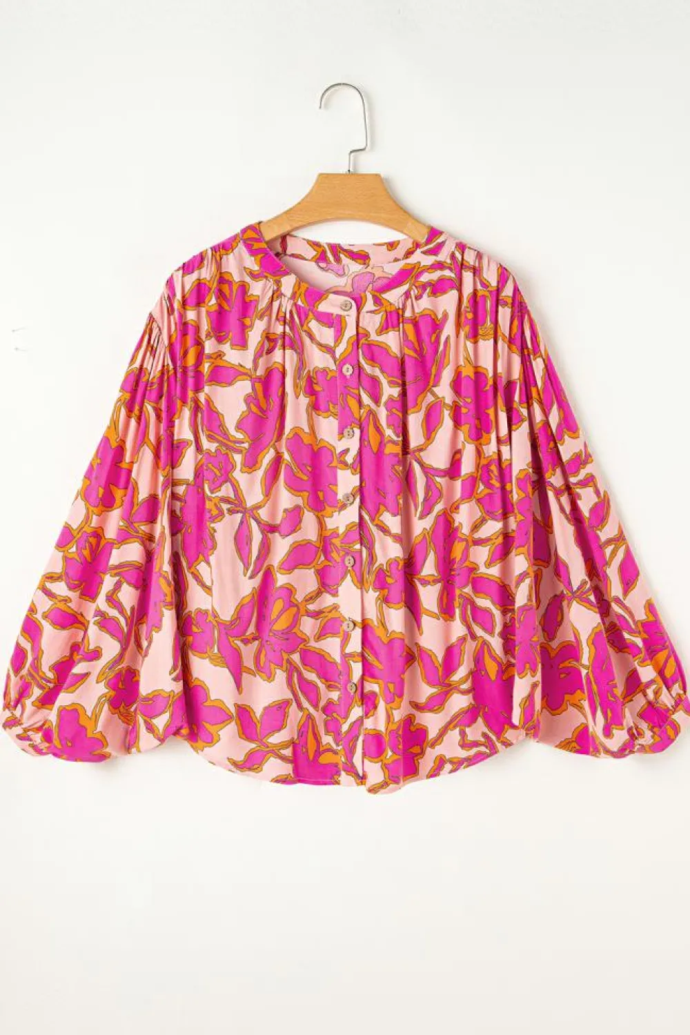 Fashion Dear-Lover Floral Print Batwing Sleeve Buttoned Loose Fit Shirt Pink