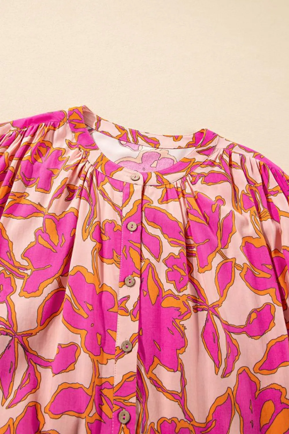 Fashion Dear-Lover Floral Print Batwing Sleeve Buttoned Loose Fit Shirt Pink