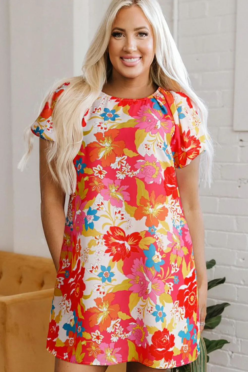 Clearance Dear-Lover Floral Print Bubble Short Sleeve Dress Pink