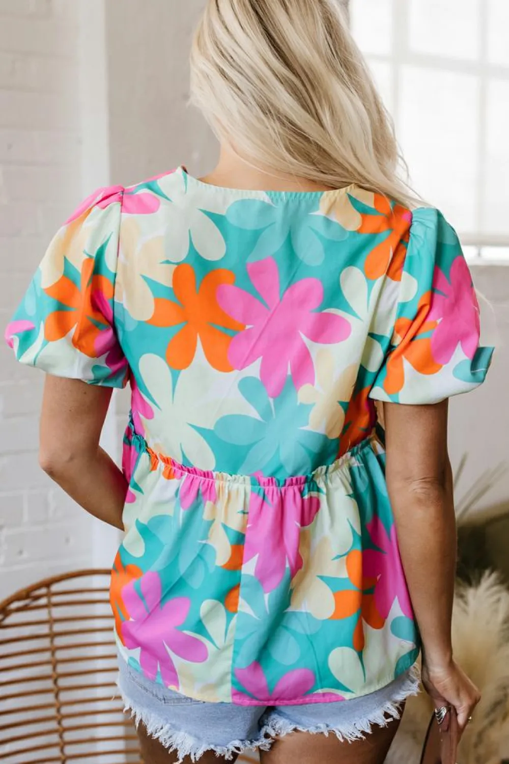 Best Dear-Lover Floral Print Bubble Sleeve V Neck Peplum Blouse Pink