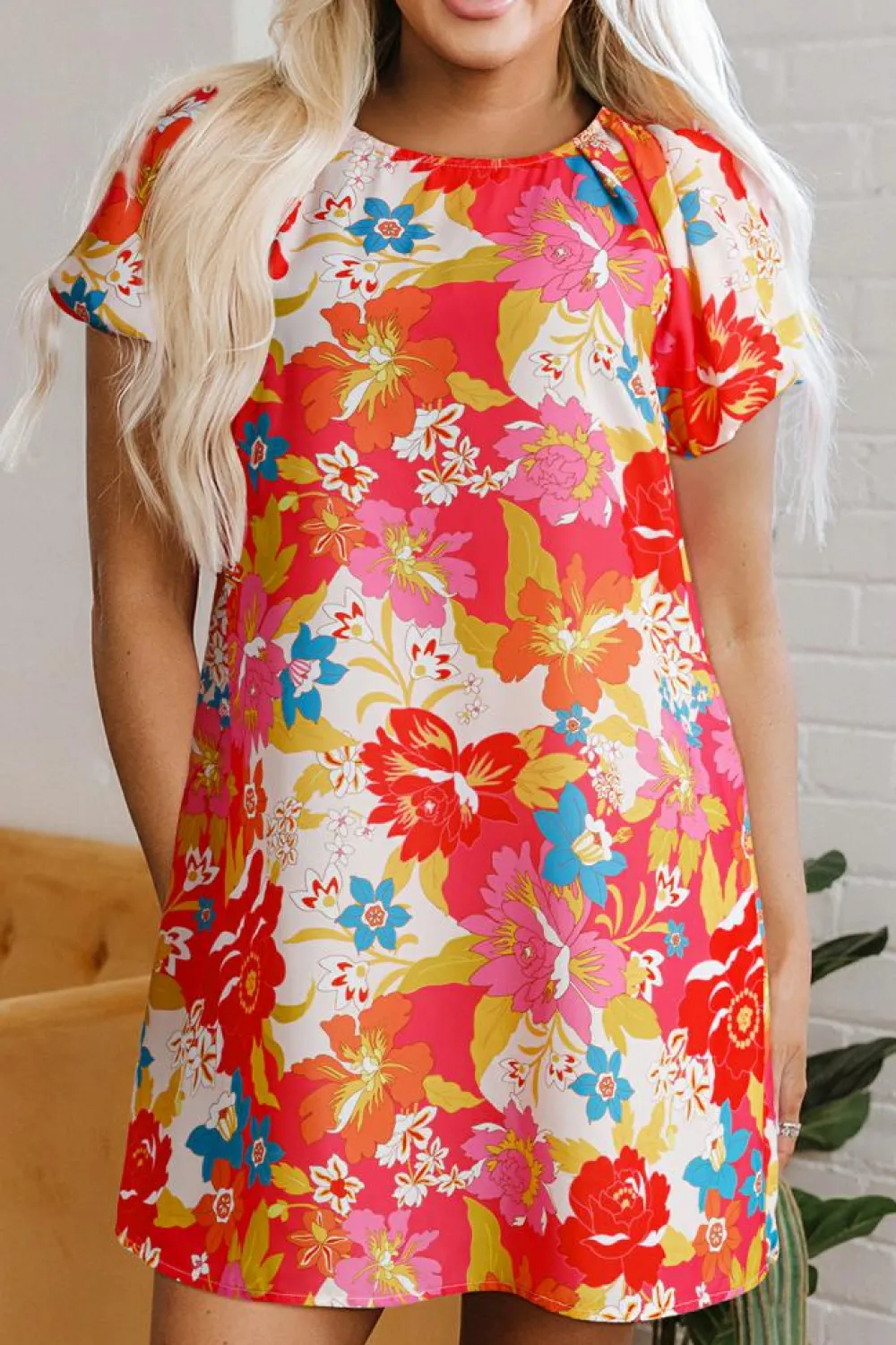 Clearance Dear-Lover Floral Print Bubble Short Sleeve Dress Pink
