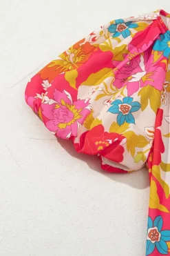 Clearance Dear-Lover Floral Print Bubble Short Sleeve Dress Pink