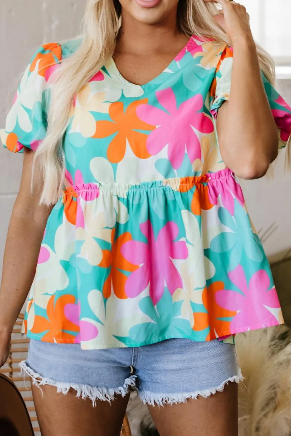 Best Dear-Lover Floral Print Bubble Sleeve V Neck Peplum Blouse Pink