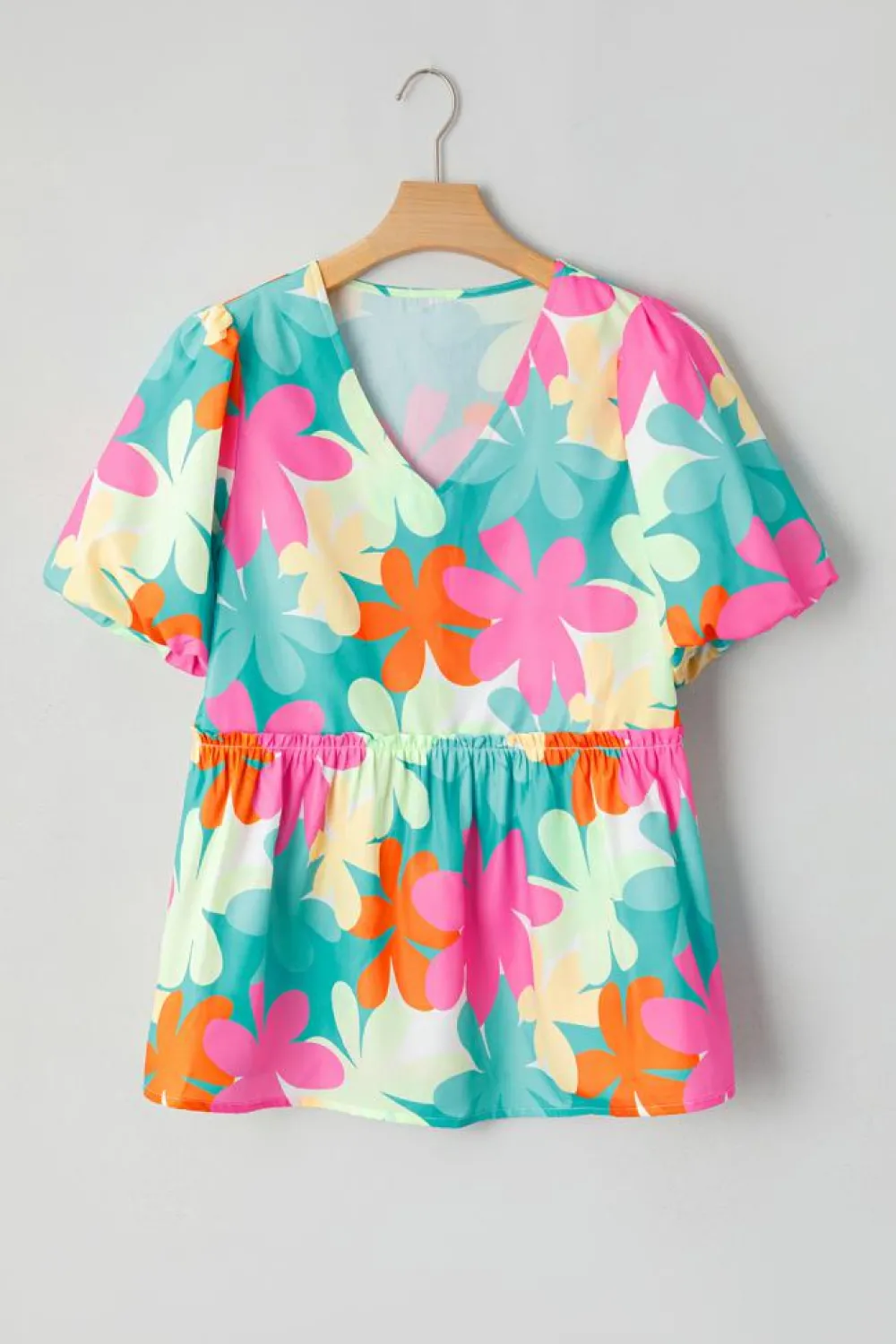 Best Dear-Lover Floral Print Bubble Sleeve V Neck Peplum Blouse Pink