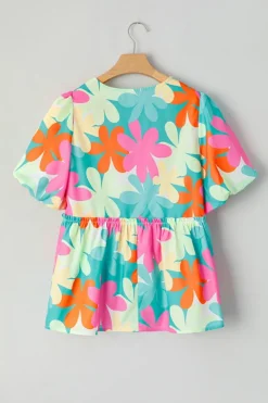 Best Dear-Lover Floral Print Bubble Sleeve V Neck Peplum Blouse Pink