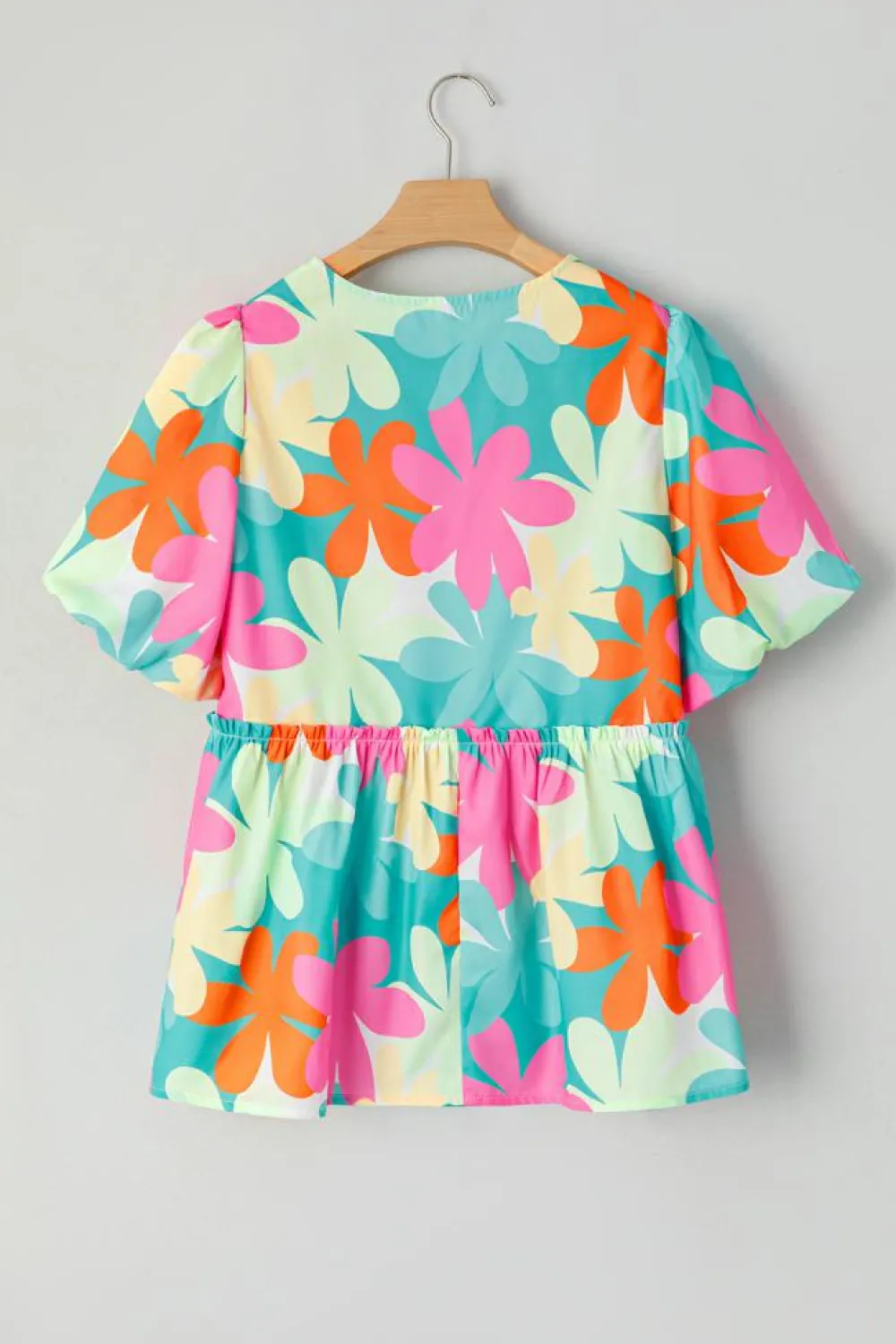 Best Dear-Lover Floral Print Bubble Sleeve V Neck Peplum Blouse Pink