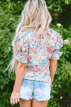 Online Dear-Lover Floral Print Button Split Neck Puff Sleeve Blouse Pink