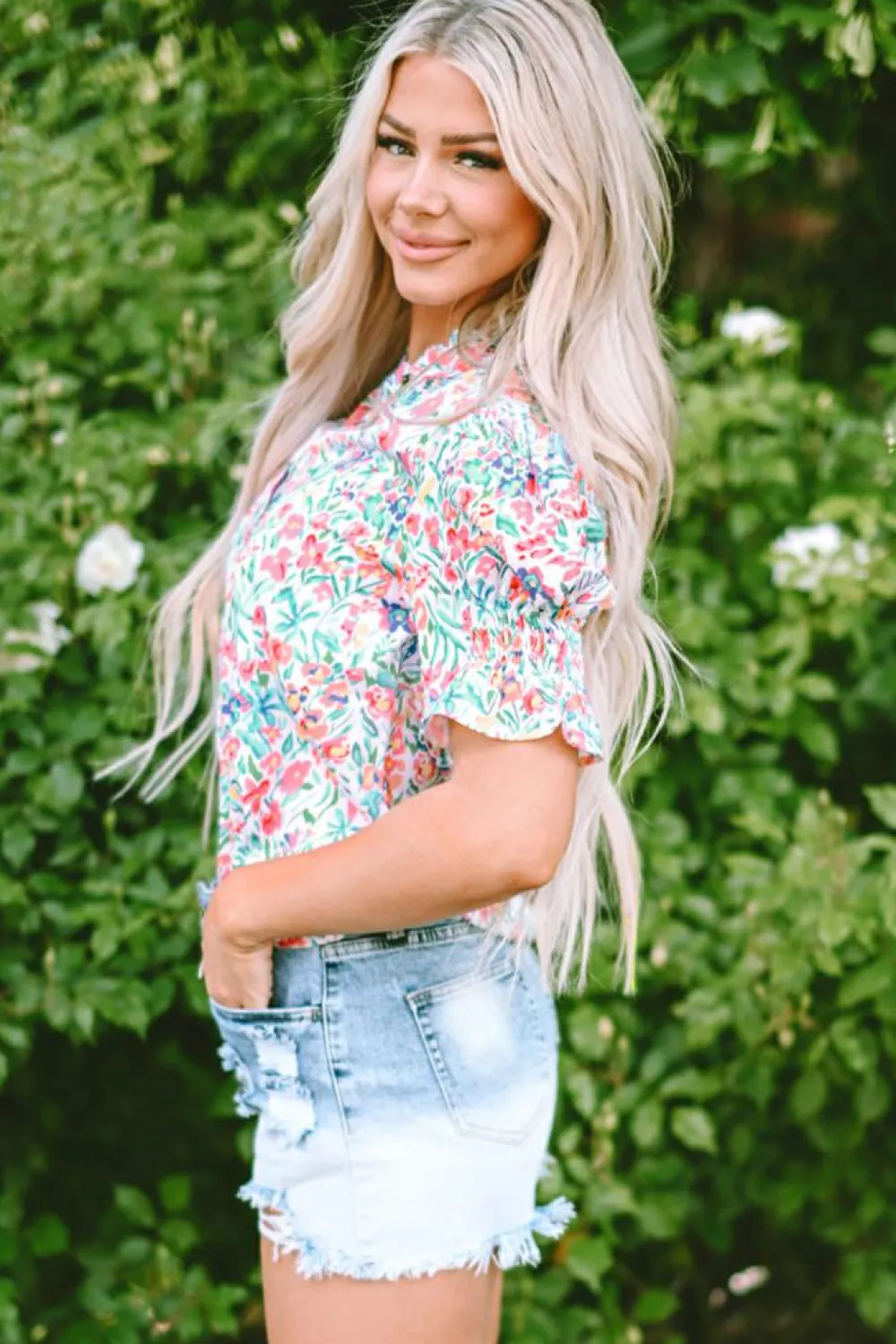 Online Dear-Lover Floral Print Button Split Neck Puff Sleeve Blouse Pink