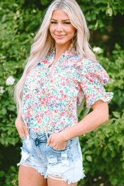 Online Dear-Lover Floral Print Button Split Neck Puff Sleeve Blouse Pink