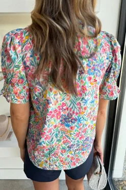 Online Dear-Lover Floral Print Button Split Neck Puff Sleeve Blouse Pink