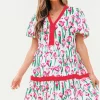 Discount Dear-Lover Floral Print Contrast Trim V Neck Bubble Short Sleeve Babydoll Dress Pink