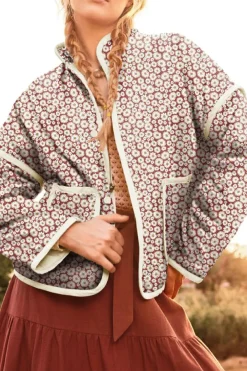 Best Dear-Lover Floral Print Contrast Edge Pocketed Stand Neck Jacket Pink