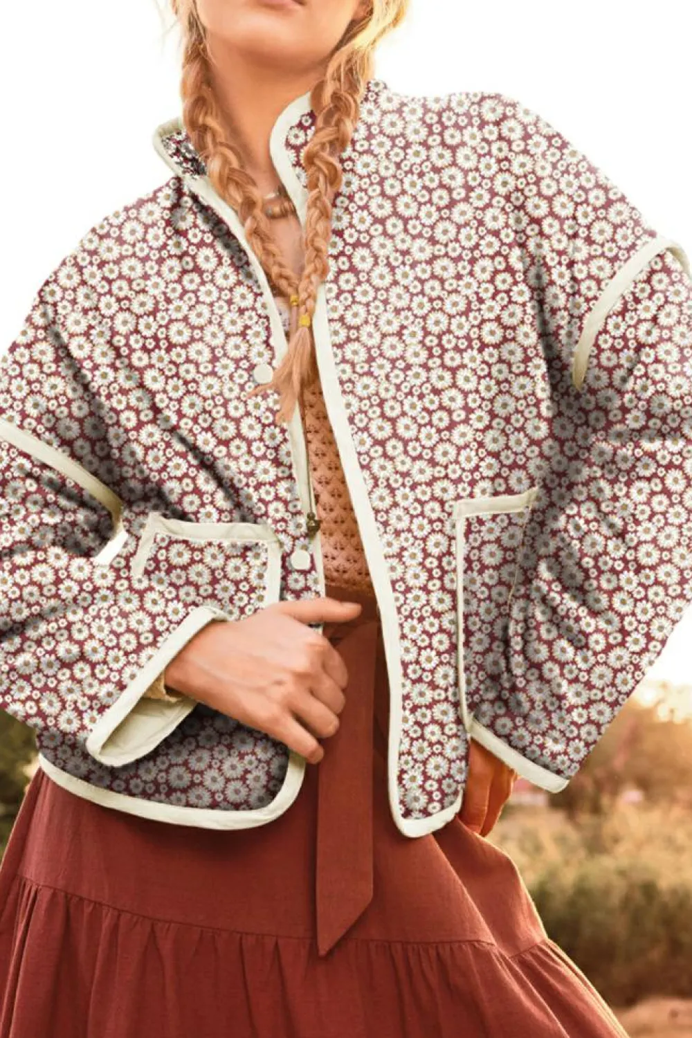 Best Dear-Lover Floral Print Contrast Edge Pocketed Stand Neck Jacket Pink