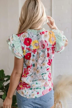 New Dear-Lover Floral Print Contrast Ruffle Trim Short Sleeve Blouse Pink