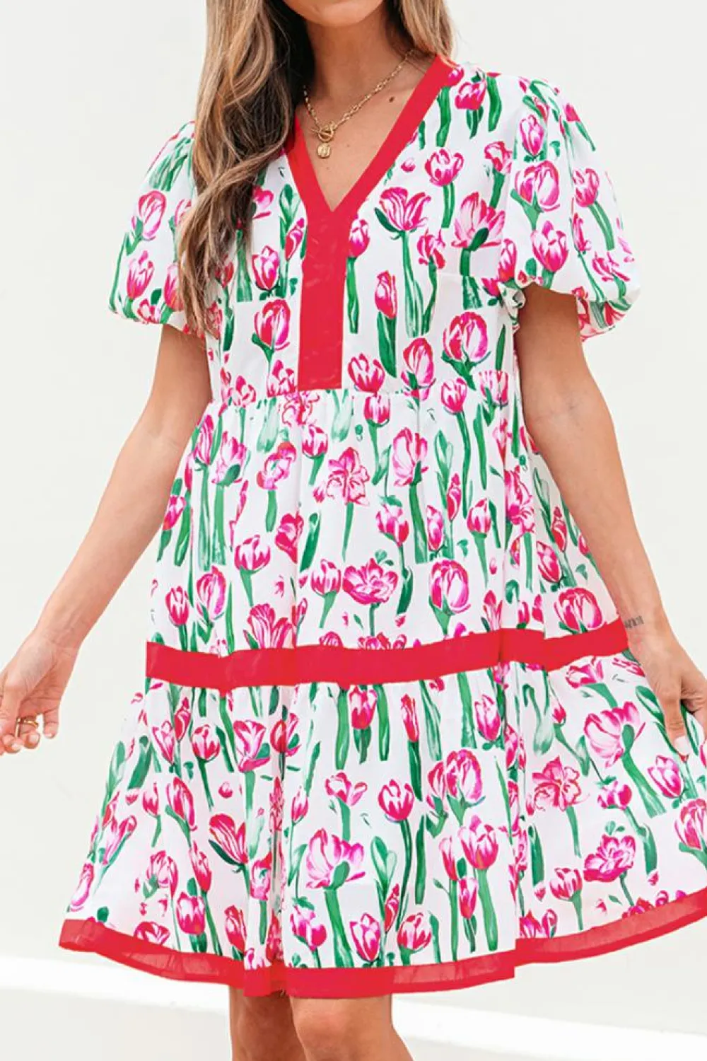 Discount Dear-Lover Floral Print Contrast Trim V Neck Bubble Short Sleeve Babydoll Dress Pink