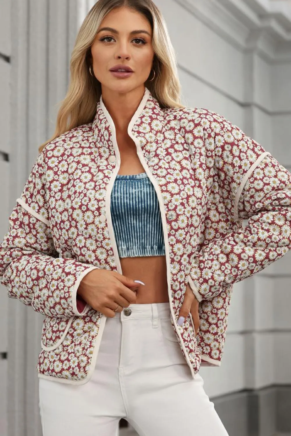 Best Dear-Lover Floral Print Contrast Edge Pocketed Stand Neck Jacket Pink