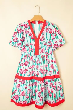 Discount Dear-Lover Floral Print Contrast Trim V Neck Bubble Short Sleeve Babydoll Dress Pink