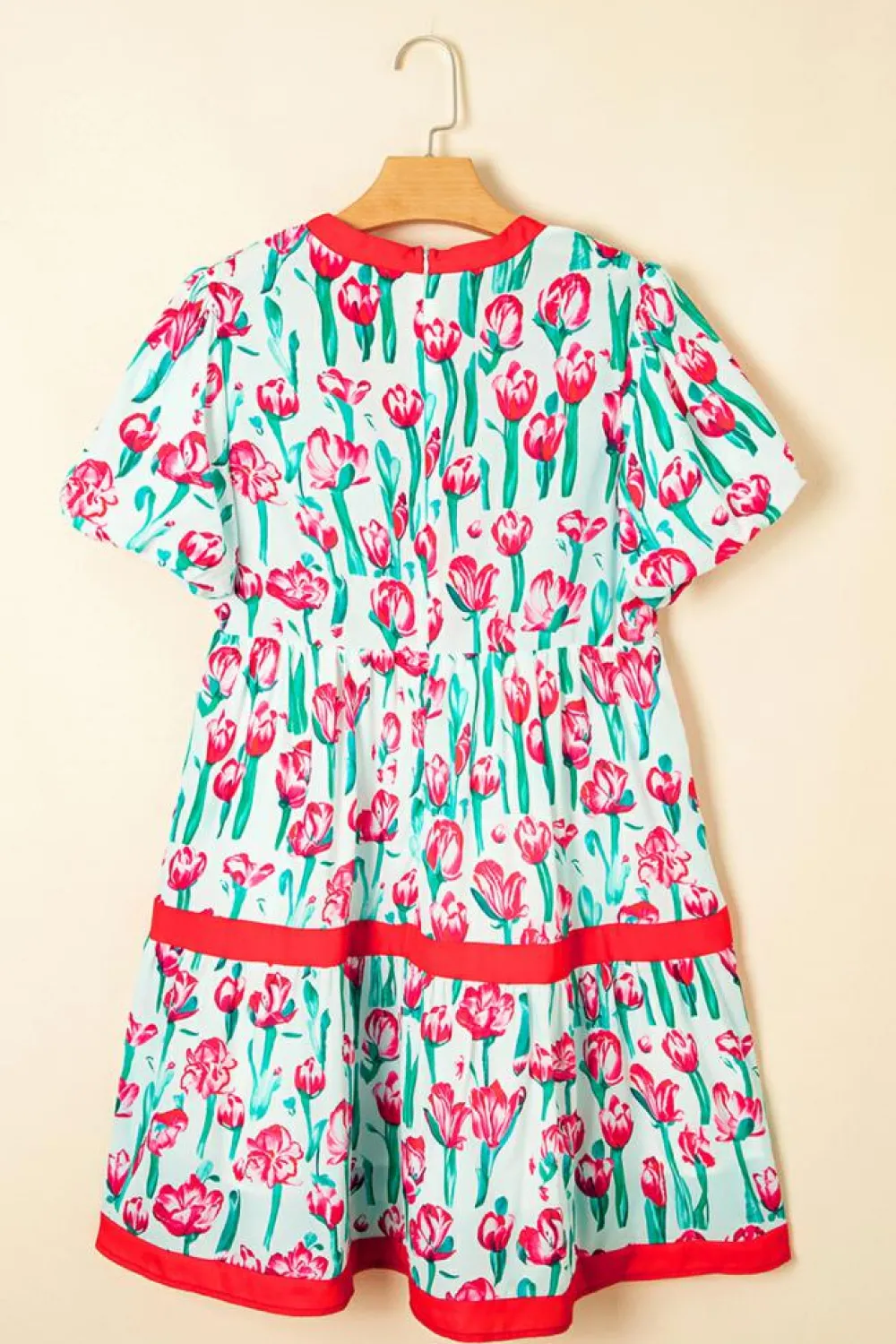Discount Dear-Lover Floral Print Contrast Trim V Neck Bubble Short Sleeve Babydoll Dress Pink